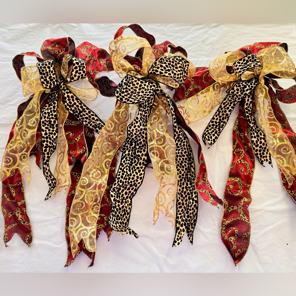 CUSTOM 3 Pc Set Maximalist Leopard Red & Gold Christmas Tree Bows Holiday Decor
